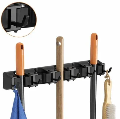 Image de Support mural antidérapant en acier pour produits d'entretien – 5 plis et 6 crochets – Support mural pour cuisine, placard et garage