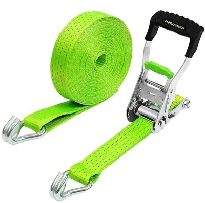 Immagine prodotto di Cinghie di tensionamento per carichi pesanti con ratrap, lunghezza 10 metri, larghezza 50 mm, capacità di carico 5000 kg, con sistema di bloccaggio, colore verde, per fissaggio ruote