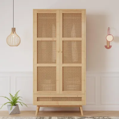 Produktbild von Flieks Kleiderschrank Garderobenschränke mit Stange, Schrank Garderobe mit Flip-Top-Deckel, Rattan 2-türig Schrank mit Schublade, Naturbelassen