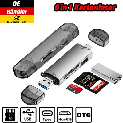 Produktbild von Kartenleser 6 in 1 SD Speicherkartenleser USB 3.0 Typ C Micro USB OTG TF XC MMC Grau