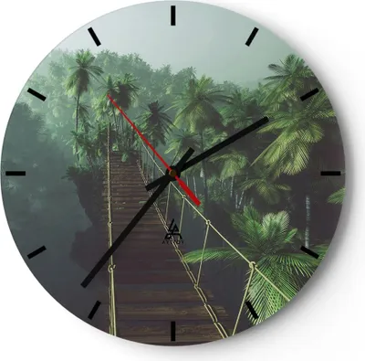 Produktbild von Wanduhr - Rund - Glasuhr - Dschungel Palme Brücke - 40x40cm - Schleichendes Uhrwerk - Lautlos - zum Aufhängen bereit - Dekoration Modern - Wanddekoration aus Glas - C3AR40x40-3674