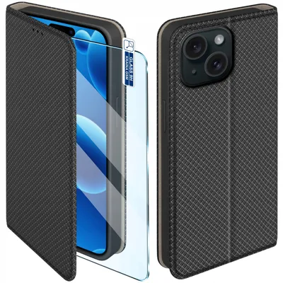 Produktbild von Klapphülle für das iPhone 15, verschließbar, schwarz + 9H-Glas