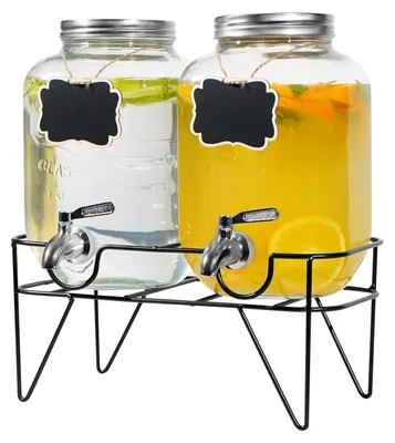 Produktbild von Getränkespender 2 x 4 l - Gläserne Wasser- und Saftspender - Metallständer - Edelstahlhahn