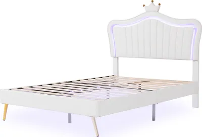 Immagine prodotto di okwish letto per bambini letto imbottito 140 x 200 cm, struttura letto bianco crown Finto cuoio letto matrimoniale con luci LED, materasso a doghe e schienale (senza materasso)