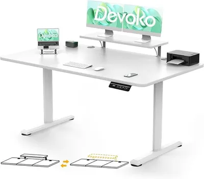 Imagen del producto de Escritorio de altura ajustable de 140x60 cm con soporte para monitor, color blanco