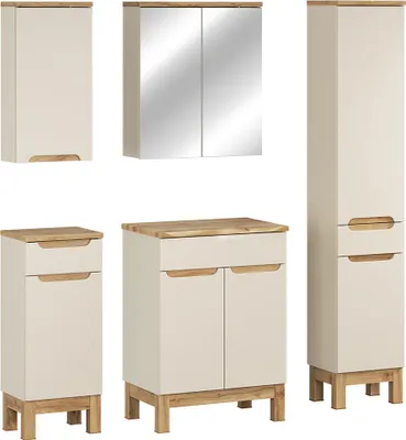 Produktbild von Badmöbel-Set 5-teilig mit 60 cm Waschtischschrank & Spiegelschrank in kaschmir und Eiche mit Baumkantenoptik, modern grifflos - SOLNA-56-CASHMERE