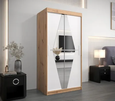 Obrázek produktu pro Šatní skříň se zrcadly REBEKA - šířka 100 cm, dub artisan / bílá