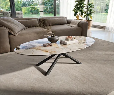 Produktbild von DELIFE Couchtisch Edge Oval 140x80 cm Keramik Patagonia Poliert Sarity Metall Schwarz