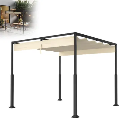 Image de LZQ Pergola autoportante avec toit coulissant, 3×4 m, Acier revêtu par poudre, résistant aux UV et à l'eau, Pavillon de jardin résistant aux intempéries avec protection solaire flexible, Beige