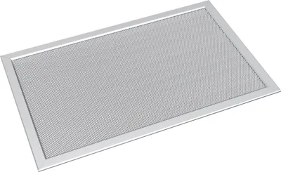 A silver-colored rectangular mesh grate with a metallic frame, shown at an angle against a white background.