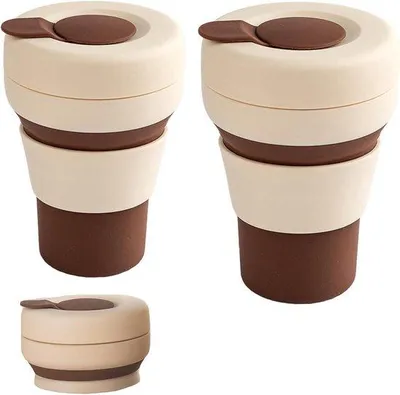 Immagine prodotto di Tazze da caffè in silicone - tazze da viaggio con coperchio a tenuta stagna, ideali per il campeggio e i viaggi - Set da 2 (marrone, 355 + 450 ml)