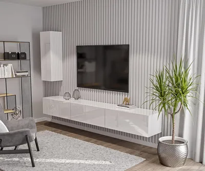 Obrázok produktu pre Zostava nástennej skrinky, TV stolík 270 cm a bočná skrinka na stenu, Biela vysoký lesk, moderný dizajn, nástenná obývacia zostava