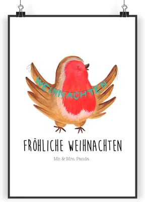 Produktbild von Mr. & Mrs. Panda Bild Rotkehlchen Weihnachten DIN A3 - Weiß - Geschenk, Heiligabend, Wandbild, Plakat, Wanddekoration, Weihnachtsmotiv, drucke, Frohe, wanddeko, Winter