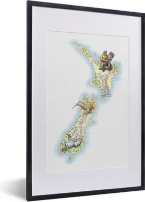 Produktbild von MuchoWow® Gerahmtes Poster Eine Illustration einer Karte von Neuseeland 40x60 cm - Poster mit Schwarzem Bilderrahmen Wandposter Rahmen Foto Bilder - Poster in Rahmen