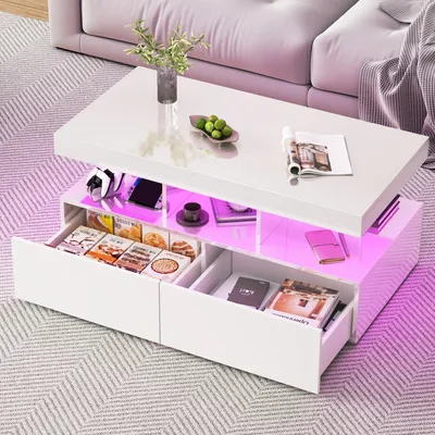 Produktbild von Couchtisch - Beistelltisch - Wohnzimmertisch - Tisch - Weiß - Hochglanz - LED-Beleuchtung - 2 Schubladen