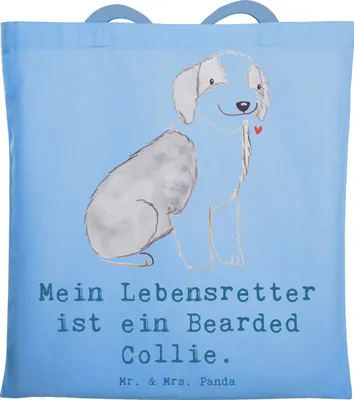 Produktbild von Mr. & Mrs. Panda Tote Bag Bearded Collie Lebensretter - Sky Blue - Geschenk, Tasche, Uni, Alltagstasche, Britischer Hütehund, Laptoptasche, Shopping, Jutebeutel