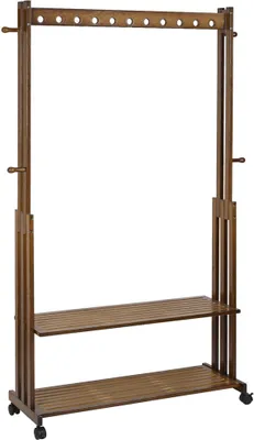 Image de WISFOR Porte-manteau Porte-manteau à roulettes, bois Porte-manteau 2 étagères 4 crochets, porte-manteau à roulettes Porte-manteau d'entrée, 104x32.2x166cm