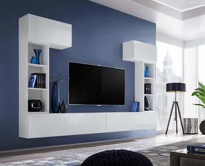Produktbild von Wohnwand Wohnzimmer-Set Wandregale Lowboard TV Weiß Designer Möbel