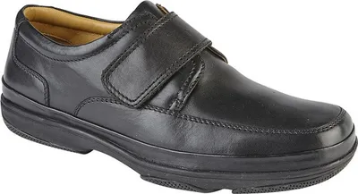 A black leather shoe with velcro straps.