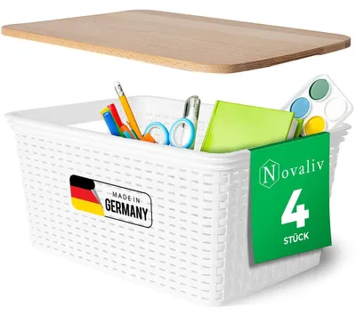 Productafbeelding van Novaliv 4-delige set elegante opbergmanden met houten deksel, rattanlook | Wit, voedselveilig kunststof, 14 liter – voor kantoor en thuis. Veelzijdige opbergboxen. Ideale opbergdoos