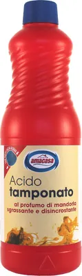 A red bottle of cleaning product with a yellow label.