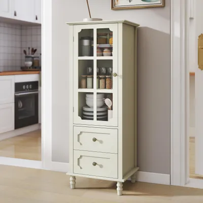 Productafbeelding van Buffetkast, glazen deuren, dubbele lade, houten dressoir, wit (crèmekleurig)