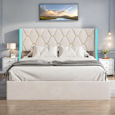 Image de Lit Coffre beige 140x190 cm, Lit Double avec Rangement, Lits pour Adulte Coffre,avec LED Tete de lit Tissu Velours