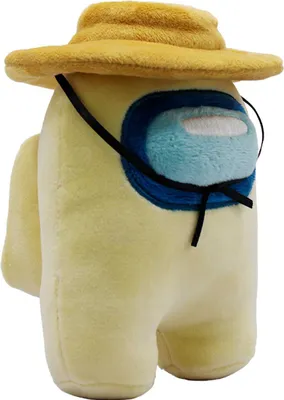 A plush toy of a character from the game Among Us, wearing a yellow hat.