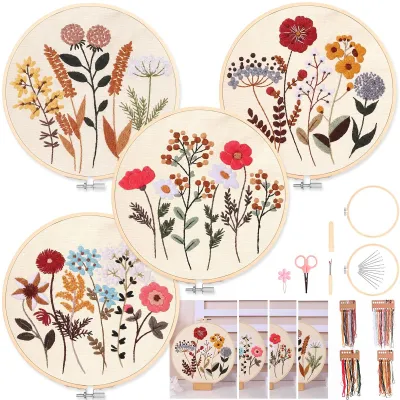 Produktbild von Stichset für Erwachsene – Komplettes Stickset – Stickset mit Blumenmotiven – Stickset für Anfänger – Stickrahmen – Inklusive farbigem Garn