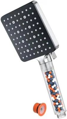 Produktbild von PromoHome® Hochdruckduschkopf mit 6 Strahlarten und Wassersparfilter, Schwarz, 12 cm