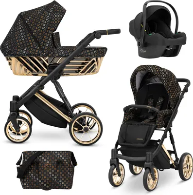 Produktbild von Kinderwagen IVENTO GLAM Sportwagen Babywagen Babyschale Komplettset Kinder Wagen Autositz Set 3 in 1 (Black Style, Rahmenfarbe: Gold)