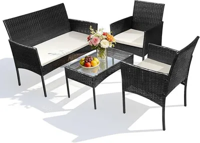 Produktbild von Polyrattan Gartenmöbel-Set 4 Personen Balkonmöbel Lounge-Set Sitzgruppe Tisch mit Glasplatte, Schwarz Outdoor Terrassenmöbel für Garten Terrasse