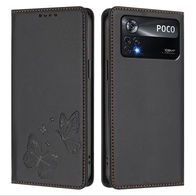 Produktbild von Lederhülle für Xiaomi Poco X4 Pro 5G, Schmetterling Prägung Leder Brieftasche Schutzhülle mit Ständer Schwarz