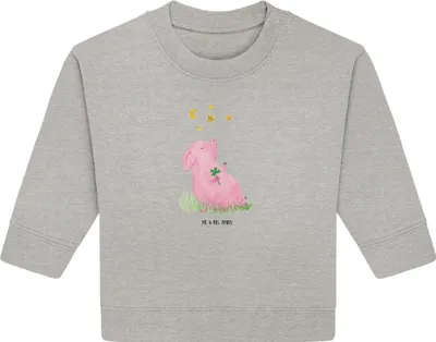 Produktbild von Mr. & Mrs. Panda Organic Baby Pullover Schwein Glück 12. - 18. Monat - Heather Grey - Geschenk, Bullover, Glücksbringer, Sterne, Träume, Motivation, Lustige Sprüche