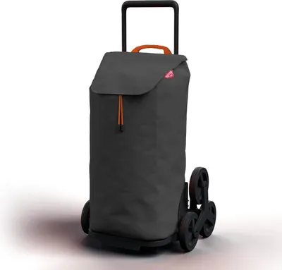A gray shopping trolley with orange accents and black wheels is shown against a white background.