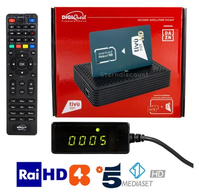 A product shot of a satellite decoder, remote control, and smart card, with accompanying logos and text.