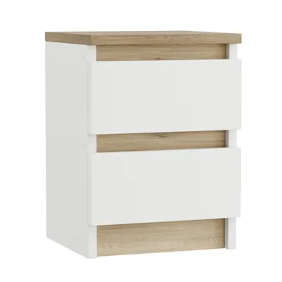 A white and wood-grain nightstand with two drawers.