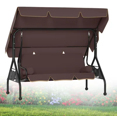 Image de Balançoire de jardin LZQ 3 places avec fonction d'inclinaison et 2 coussins – Balançoire de jardin avec auvent, 2 tablettes et structure en acier pouvant supporter jusqu'à 350 kg, marron foncé
