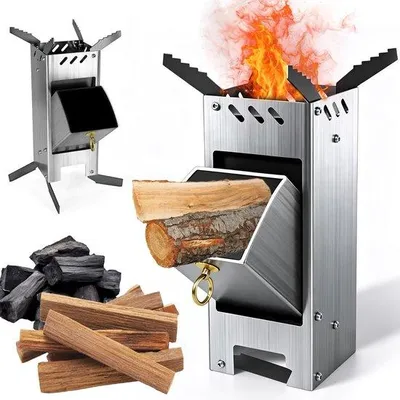 Productafbeelding van Raketoven met grillplaat, groot, met vuurhaak, 2 extra standvoeten, kanonenkachel insteeksysteem van massief 3 mm dik staal, houtkachel outdoor voor camping, BBQ, Dutch Oven
