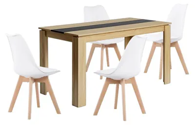 Image de Ensemble de salle à manger comprenant une table rectangulaire en chêne et noir de 140 cm, ainsi que 4 chaises blanches de 47,5 cm