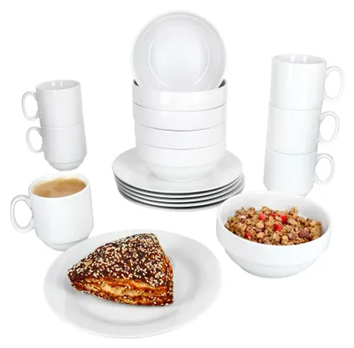 Produktbild von 18-teiliges Frühstücksset aus weißem Porzellan für Frühstück und Kaffeezeit