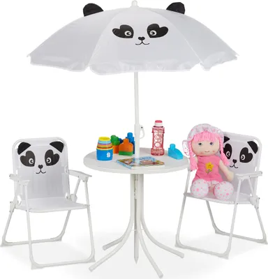 Produktbild von Relaxdays Camping Kindersitzgruppe, Panda Motiv, Kindersitzgarnitur mit Sonnenschirm, Klappstühlen & Tisch, Garten, weiß