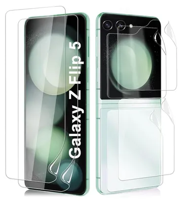 Two views of a Samsung Galaxy Z Flip 5 phone with screen protectors applied.
