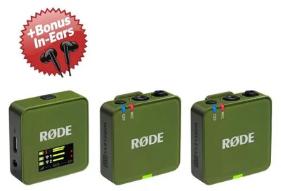 Zdjęcie produktu dla System mikrofonów bezprzewodowych Rode Wireless GO Gen 3 w kolorze Moss Khaki + dodatkowe słuchawki douszne