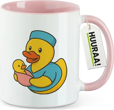 Produktbild von Huuraa Kaffeetasse Quietscheente Hebamme Comic Gummiente 330ml Rosa Keramik Kaffeebecher Geschenkidee