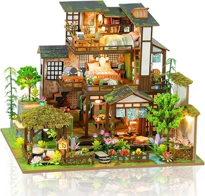 Imagen del producto de Casita en miniatura para casas de muñecas, con luces LED, ideal para adultos y jóvenes
