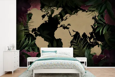 Produktbild von Weltkarten-Wandtapete - Blätterteppich - Dschungel - Breite 525 cm x Höhe 350 cm
