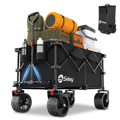 Produktbild von Sekey XXL 200KG Belastbar Bollerwagen Faltbar mit Spanngurte, 17x10 cm Extra Breite Reifen, Schwarz