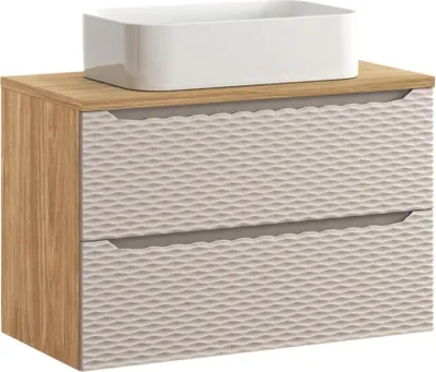 Image de Ensemble de salle de bain YOKA beige : meuble sous vasque à tiroirs 90 cm + plan pour vasque + vasque à poser