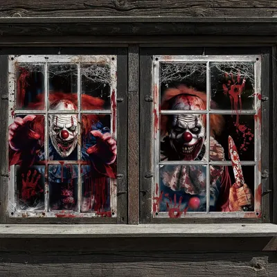 Immagine prodotto di 2 tende a tema orrore con clown, ideali per finestre, perfette per feste di Halloween, carnevali o feste a tema horror, per decorare le finestre. (A) (H)